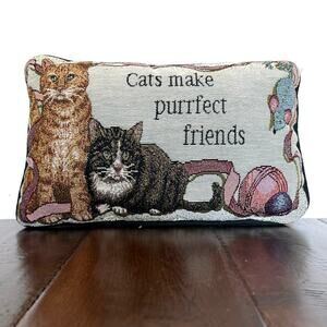 Vintage Needlepoint Pillow – “Cats Make Purrfect Friends” Decorative Accent